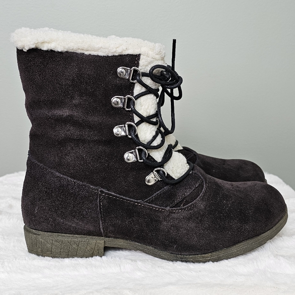 Suzanne Betro Womens Dark Brown Lace-Up Sherpa-Lined Suede Boots 7.5 /38EU
